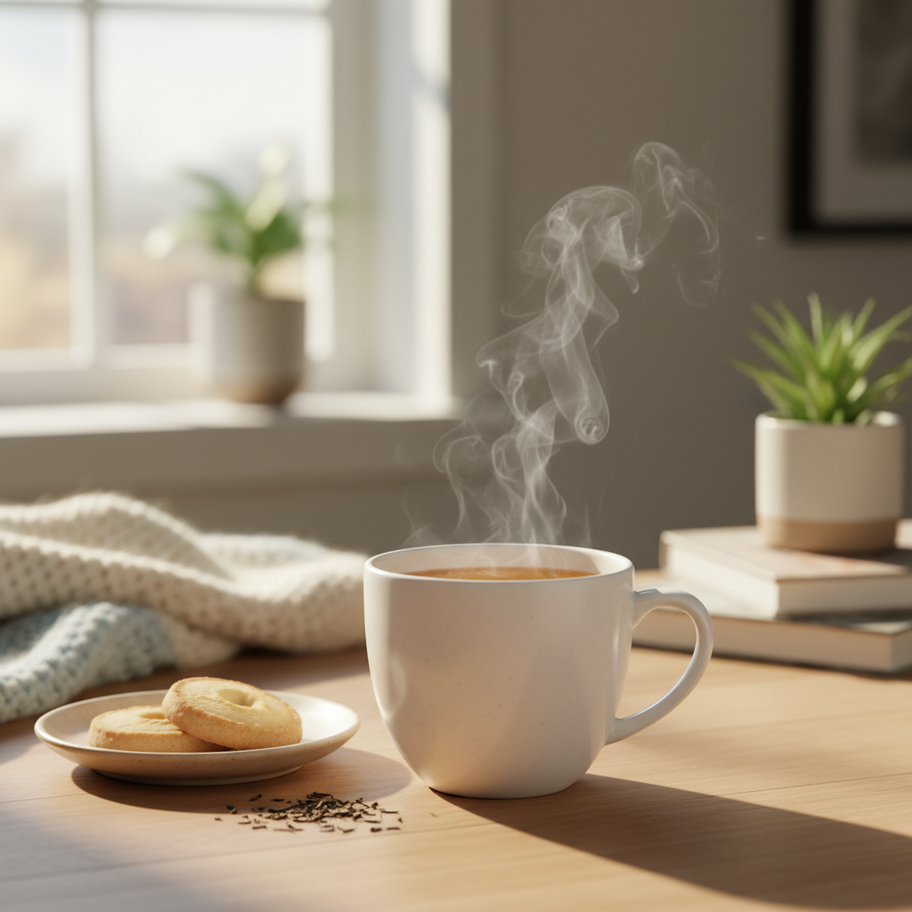 Steaming cup of tea in morning light