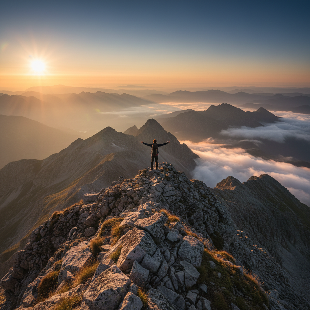Figure on a mountain ridge looking at horizon