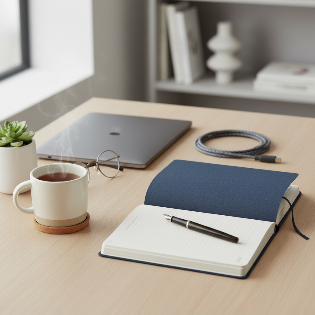 Organized desk with journal and tea